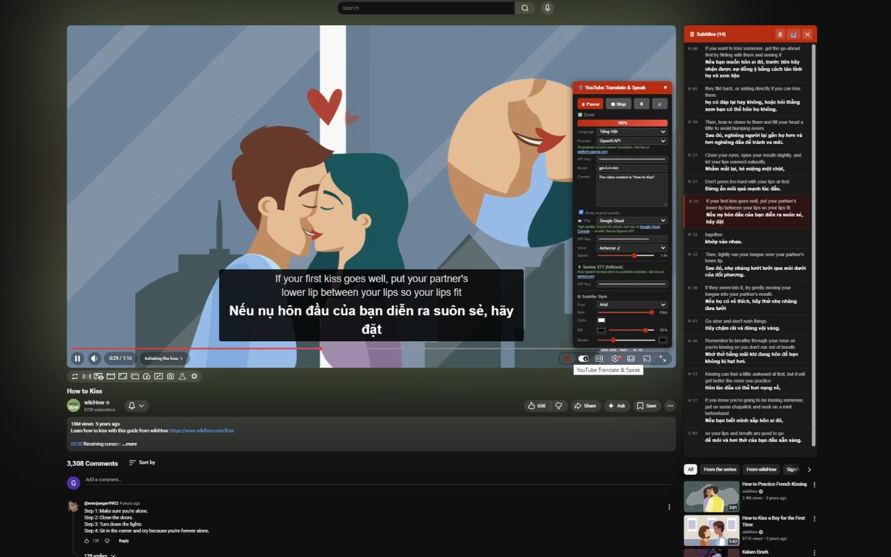 A gameplay video on YouTube with a Vietnamese subtitle on the player. The control panel shows Soniox speech-to-text running and connected, Google Cloud API as the translation provider, and the subtitle list shows lines generated from the audio.