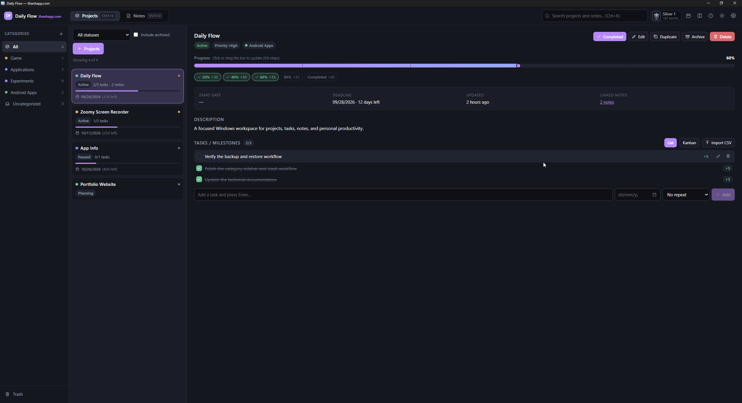 Daily Flow project dashboard with progress milestones and task list