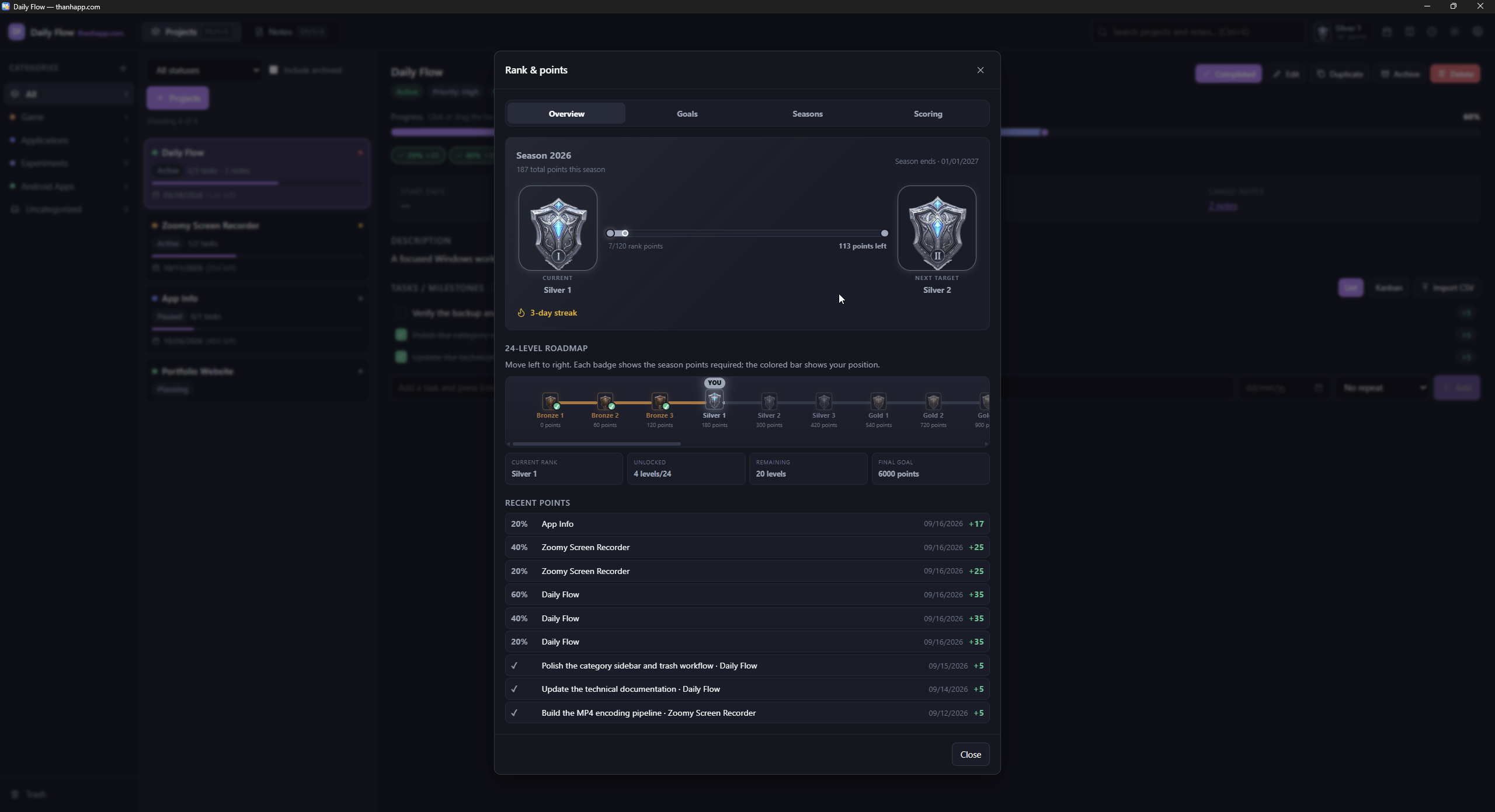 Daily Flow rank and points overview with season roadmap