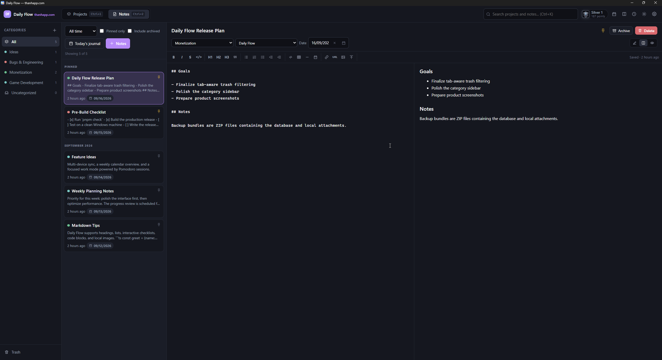 Daily Flow Markdown notes editor with split preview