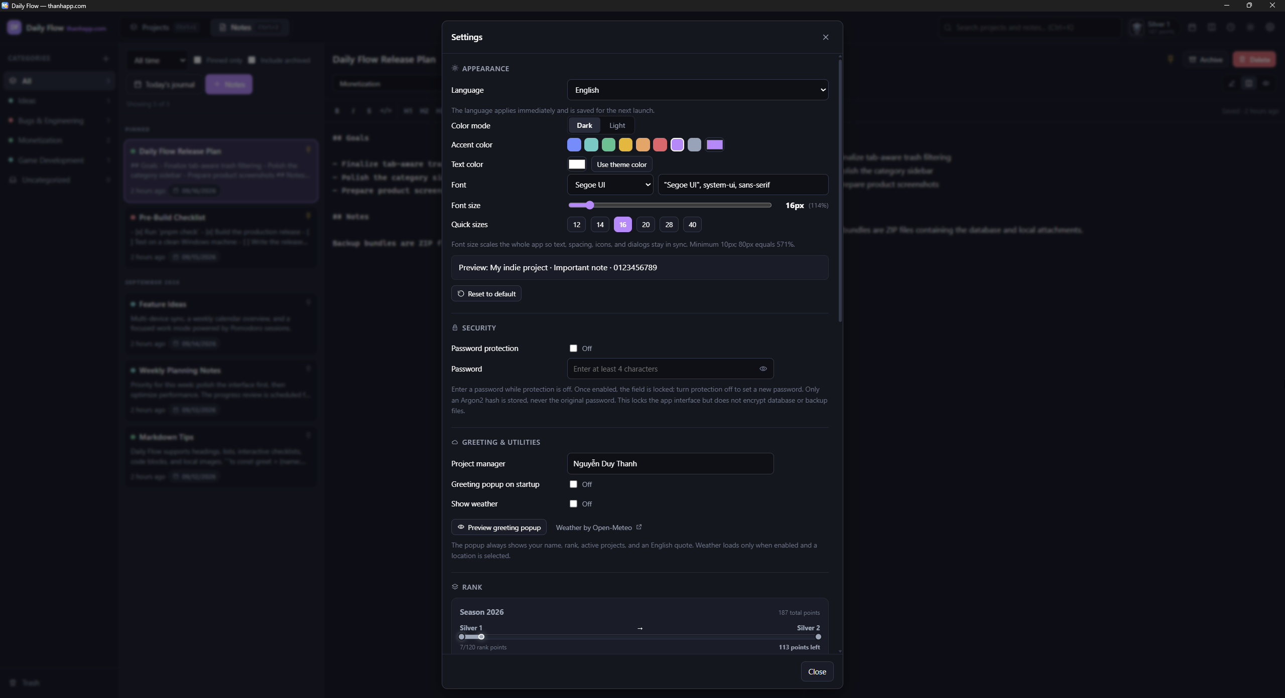 Daily Flow settings for appearance, security, and utilities